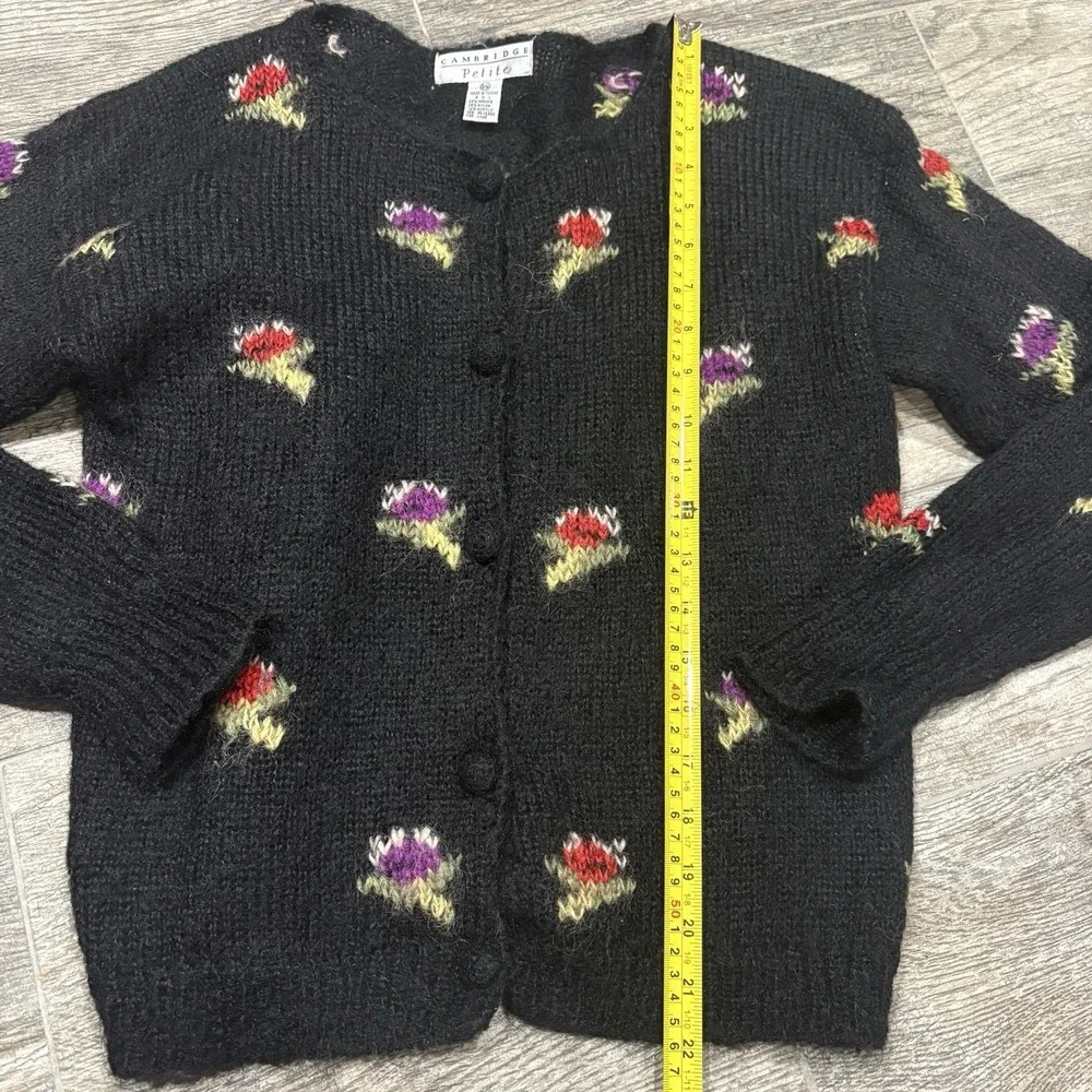 Vtg Cambridge Mohair Blend Floral Cardigan Sweater Sz PM Black Button Front